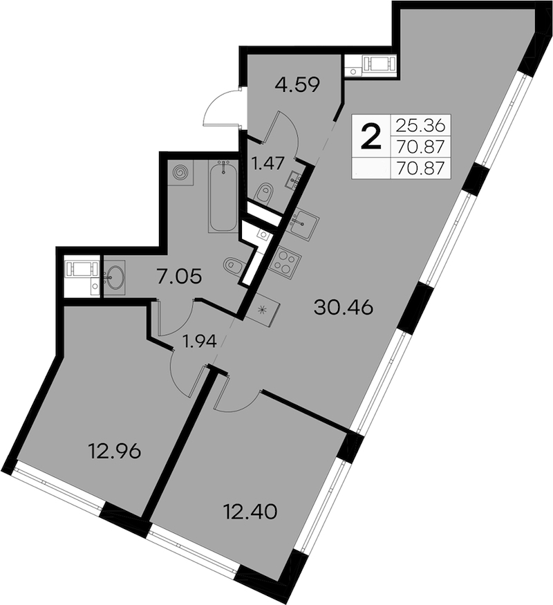 2-комнатная квартира 70.87 м², 13/19 эт., ЖК «GloraX Aura Vasileostrovsky»